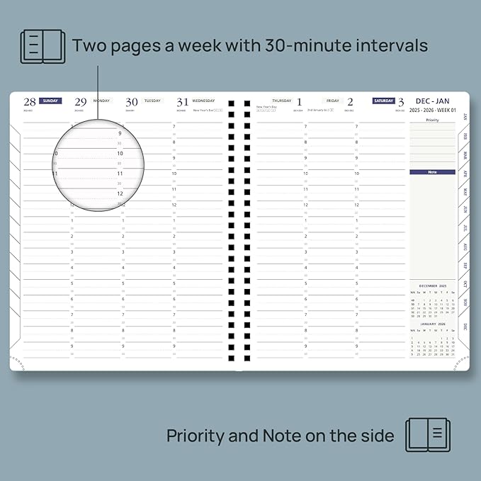 POPRUN 2026 Weekly Planner 30-Mintue (Medium 7'' x 8.5'') - From Jan 2026 to Dec 2026 - Two Pages Per Week Appointment Book with Monthly Tabs, Softcover, Inner Pocket, Pen Holder - Dark Green