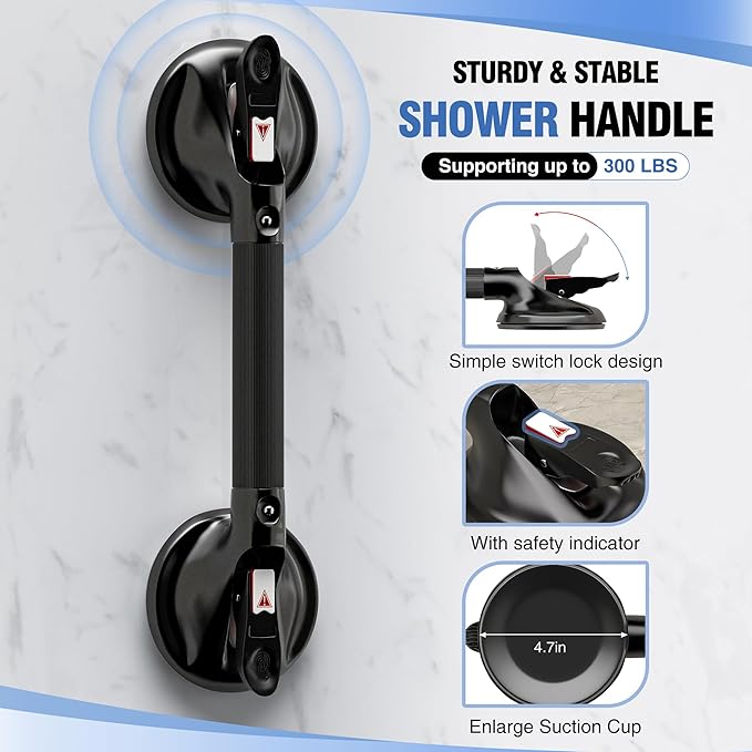 DAILYLIFE Grab Bars for Bathtubs and Showers, 21 inch Shower Handles for Elderly Suction, 300lbs Safety Shower Grab bar for Seniors and Elderly, Black(1 Pack)