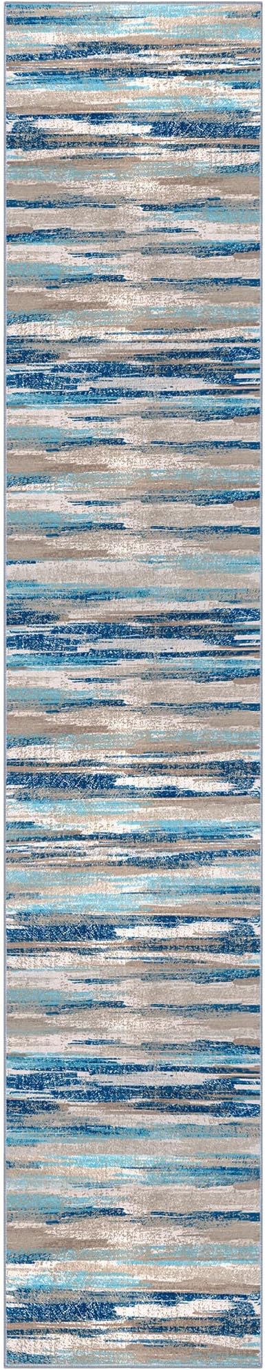 Modern Abstract Runner Rug 3x14, Blue Washable Long Kitchen Runner Non-Slip Soft Hallway Rug Runner Ultra Thin Print Faux Wool Carpet for Entryway Bedroom Laundry Room Indoor Home Decor