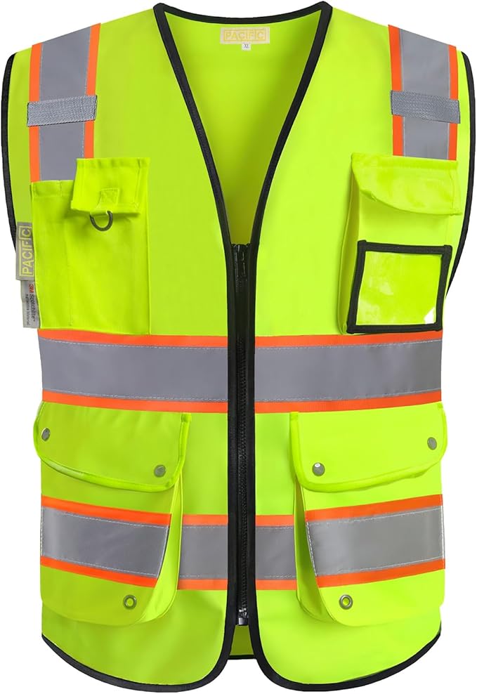 PACIFIC 10 Pockets Class 2 Safety Vest for Men, 3M High Visibility Reflective Strips, Meets ANSI/ISEA Standard, Yellow, Medium