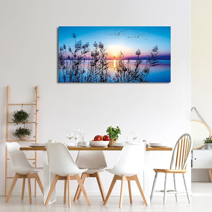 arteWOODS Sunset Lake Canvas Wall Art - Nature Pictures for Home Decor Reed Birds Sunlight Canvas Painting Blue Sky Lake Scene Print Artwork for Living Room Bedroom Office Wall Decoration 20" x 40"