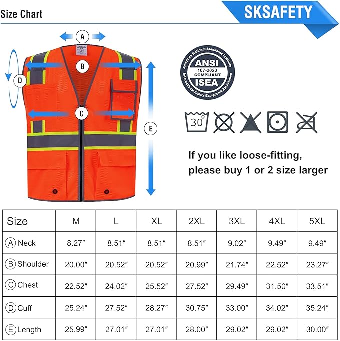 SKSAFETY 10 Pockets Safety Vest, Class 2 High Visibility Security with Zipper Double-sided mesh, Hi Vis Vest with Reflective Strips, ANSI/ISEA Standard, Construction Work Vest （Orange, XL）