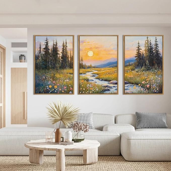 IARTTOP Large Mountain Wall Art Framed 16x24 Inch Abstract Forest Landscape Canvas Wall Decor Nature Scenery Wildflower botanical Artwork for Living room Bedroom Set of 3