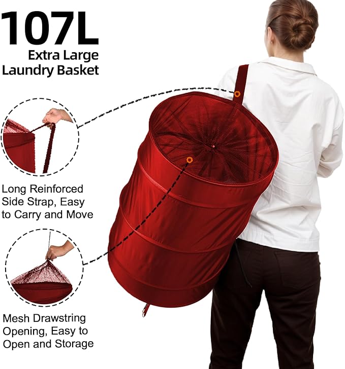 BATTOO Collapsible Laundry Baskets- Foldable Hamper for Laundry Extra Large Pop Up Laundry Hamper 107L with Long Straps Drawstring Clothes Hamper for Bathroom, Campout, Dorm or Travel Red