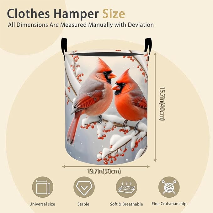 Cardinal Laundry Basket Hamper for Boys Girls Kids Adults, Foldable Waterproof Oxford Clothes Storage Bin, Red Birds Organizer for Bedroom Bathroom Room Decor 19.7"x15.8"