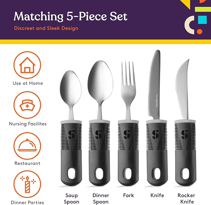 Special Supplies Adaptive Utensils (5-Piece Kitchen Set) Wide, Non-Weighted, Non-Slip Handles for Hand Tremors, Arthritis, Parkinson’s or Elderly Use - Stainless Steel (Black)