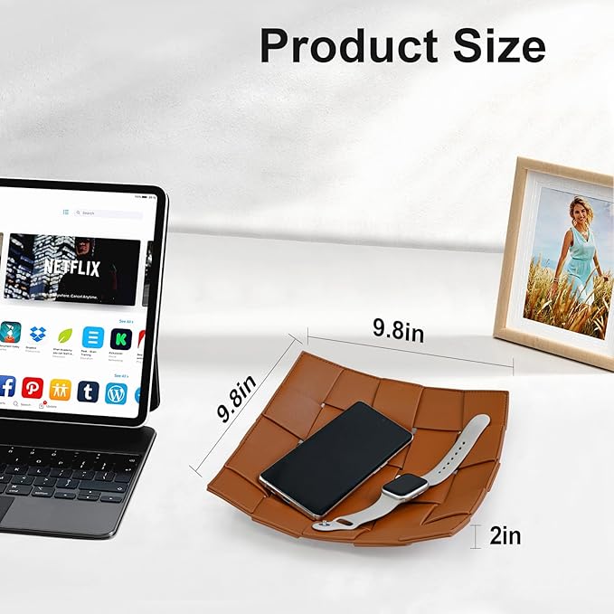 Valet Tray PU Leather Key Holder Bowl for Men and Women Entryway Table Nightstand Catchall Storage Organizer EDC Dump Tray for Wallet, Keys, Coins Men's Gift - Brown, 9.8" L x 9.8" W x 2" H