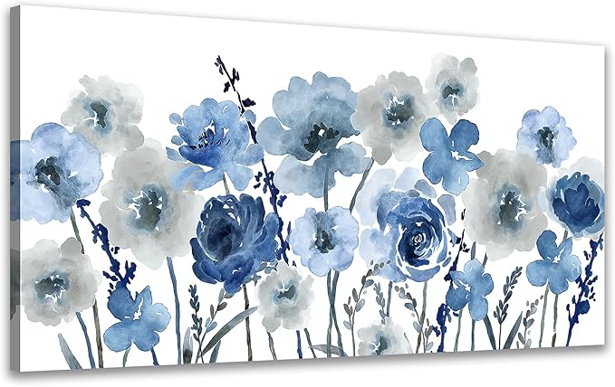 VEAEE Flowers Canvas Wall Art - Indigo Floral Canvas Pictures Living Room Wall Decor Botanical Canvas Prints Painting Abstract Artwork Bedroom Office Home Decor 29"x 58"