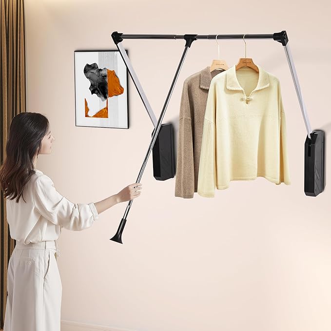 Pull Down Closet Rod 33-47 Inches Adjustable - Stainless Steel Soft-Close Wardrobe Lift Rail with Two-Way Buffering, Space-Saving Back Mount Closet Organizer