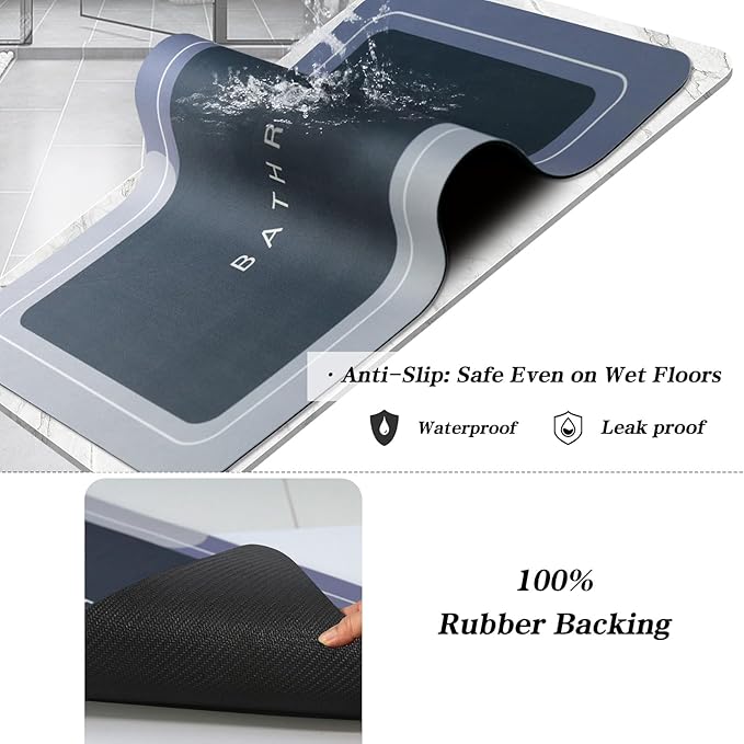 Bath Mat Rug, Rubber Non-Slip Quick Dry Bathroom Rugs, Super Absorbent Bath Mat, Thin Floor Shower Mat Fit Under Door, Bath Rug for Bathtub, Shower and Sink (17"x59", Blue)