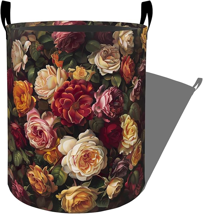 Lush Roses in Red and Yellow Shades Laundry Basket, Dorm Nursery Foldable Laundry Hamper Organizer for Bathroom Decor, Toy Clothes Storage Box for Bedroom 19.7x15.7 Inch