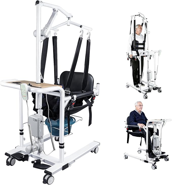 Patient Lift Transfer Chair, 5 in 1 Patient Lift Chair with 180°Split Seat, Height Adjustable Patient Transfer Chair with 4 Casters for Home Seniors Elderly, Load 450Lbs (Electric with Hanger, Silver)