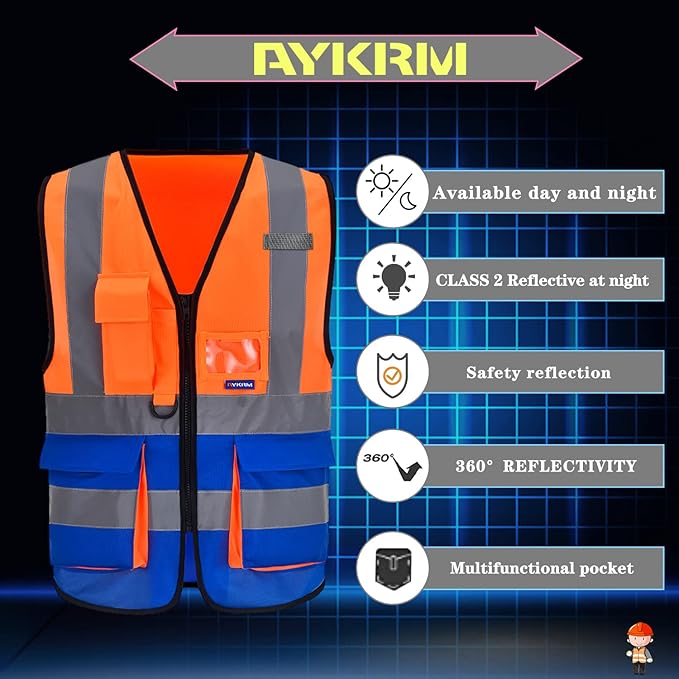 Orange Blue SMALL High Visibility REFLECTIVE Safety Vest with 4 Reflective Strips 7 Pockets