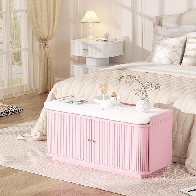 Hall Tree with Bench and Shoe Storage, Entryway Bench with Sliding Door Cabinet, Removable Padded, Metal Wall Hooks and Adjustable Storage Compartments, for Entry, Hallway, Living Room, Pink