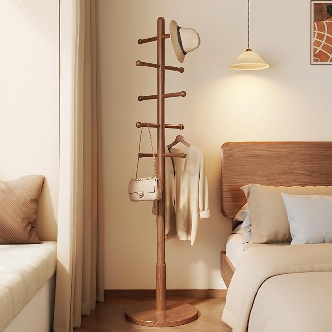 Solid Wood Coat Rack Freestanding with 10 Hooks, Coat tree freestanding 3 Adjustable Heights for coat, Hats, Handbags, Coat Stand for Entryway,Bedroom,office