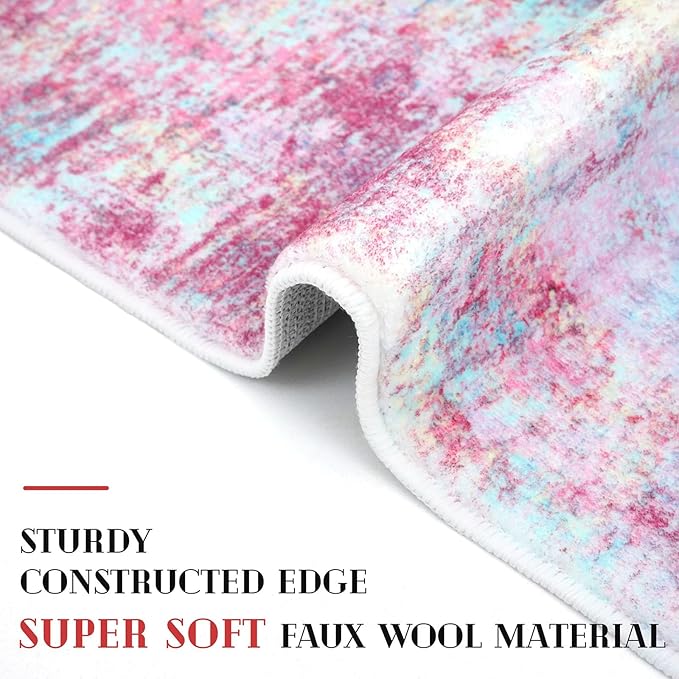 Modern Abstract 3x5 Girls Room Rug, Machine Washable Blush Pink Sky Blue Entryway Rug, Thin Kitchen Mat Non-Slip, Print Faux Wool Soft Floor Carpet for Girl Women's Bedroom Bedside