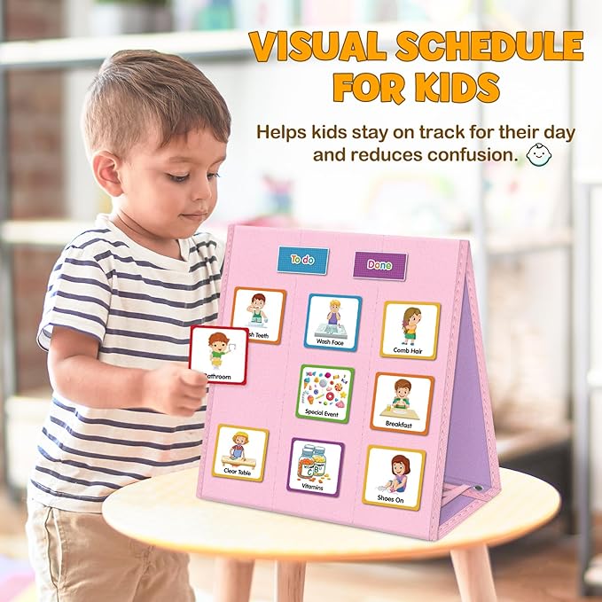 Godery Large Visual Schedule for Kids Chore Reward Chart,Bedtime Routine Chart for Toddlers,Double Side Schedule Board with 109 Cards for Home School Planner,Autism Learning Materials (Pink)