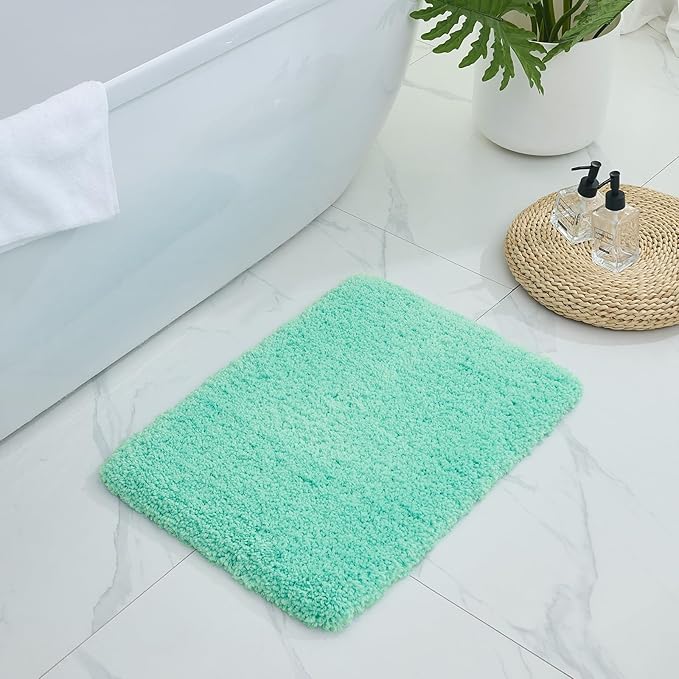 Bathroom Rugs, Ultra Thick Shaggy Soft Microfiber Absorbent Bath Rug, High Density Foam Latex Non Slip Backing, Machine Washable Bath Mats for Bathroom Floor & Sink 24x17, Spa Blue