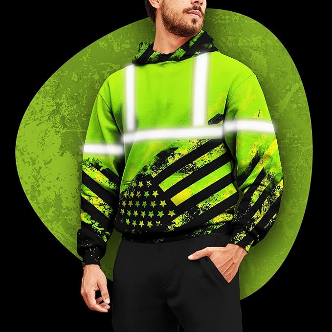 US Flag High Visibility Hoodie for Men Reflective Hoodie Safety Workwear for Worker Runner Patriotic ACC02