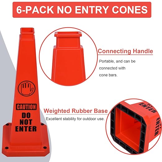 OrangeStar 6-Pack 28" Do Not Enter Cones, Large 4-Sided No Entry Message Safety Cones with Heavy Rubber Base for Indoor Outdoor Use, Traffic Control, Security, Warehouse Safety