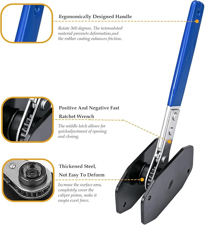 Brake Caliper Compression Tool with 4 Hooks & Blue Grip - Caliper Piston Compressor Tool, Brake Pad Spreader for Single/Twin/Quad Piston Disc Brake Repair