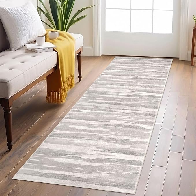 Modern Abstract Runner Rug 2x6, Neutral Light Beige and Grey Washable Kitchen Runner Non-Slip Soft Hallway Rug Runner Thin Print Faux Wool Carpet for Entryway Bedroom Laundry Room Indoor