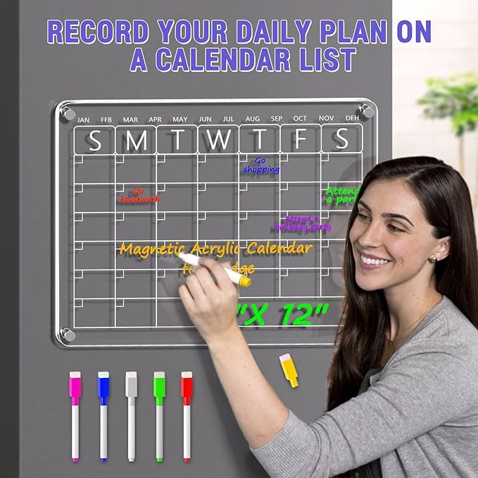 3 Pack Magnetic Acrylic Dry Erase Boards for Fridge – Monthly Calendar, Weekly Planner, to-Do List, Clear Reusable Whiteboard Set with 6 Color Markers for Refrigerator Organization