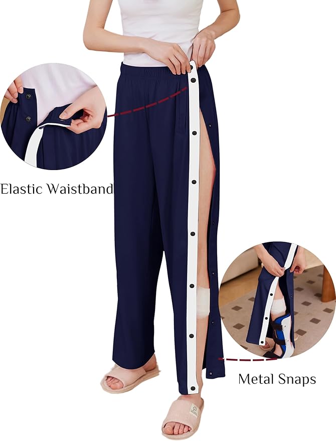 Deyeek Women's Tear Away Pants Side Split Snap Open Bottom Sweatpants Leg Breakaway Post Surgery Pants with Pockets