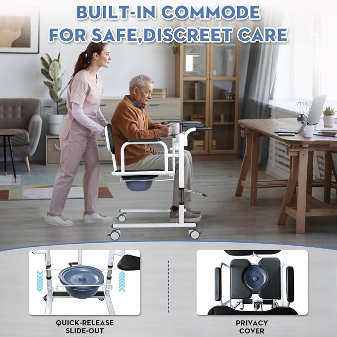 Drexo Patient Lift Transfer Chair, 5 in 1 Patient Lift Chair with 180°Split Seat, Height Adjustable Patient Transfer Chair with 4 Casters for Home Seniors Elderly, Load 450Lbs (Enlarge, Silver)