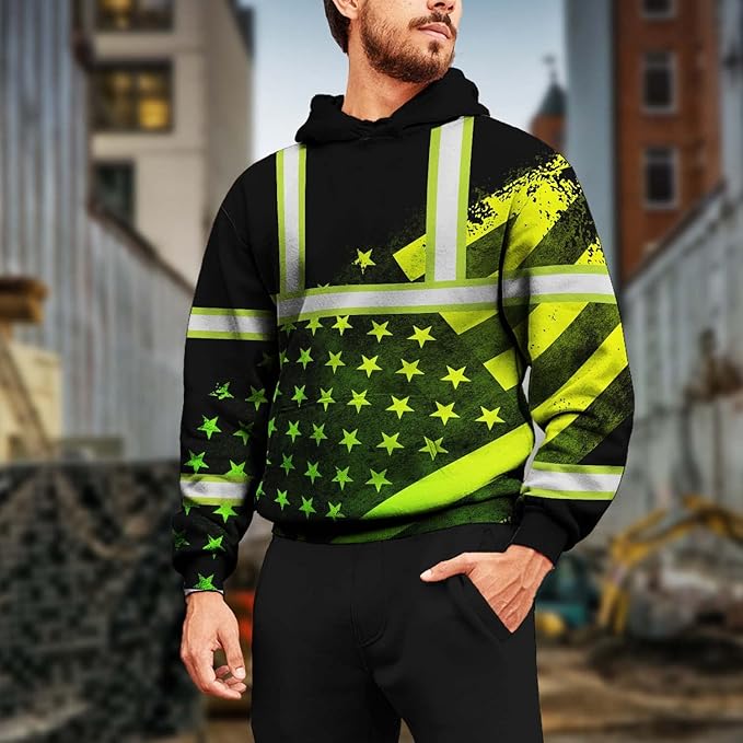US Flag High Visibility Hoodie for Men Reflective Hoodie Safety Workwear for Worker Runner Patriotic ACC02