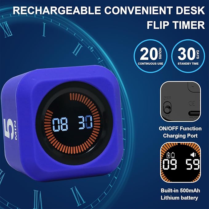 FCXJTU Rotating Cube Pomodoro Visual Timer 5, 25, 10 50 Minutes Preset, Rechargeable Desk Productivity Flip Custom Countdown Timer w/Silicone Cover, Silent Mode for ADHD Study, Work, School(Orange)