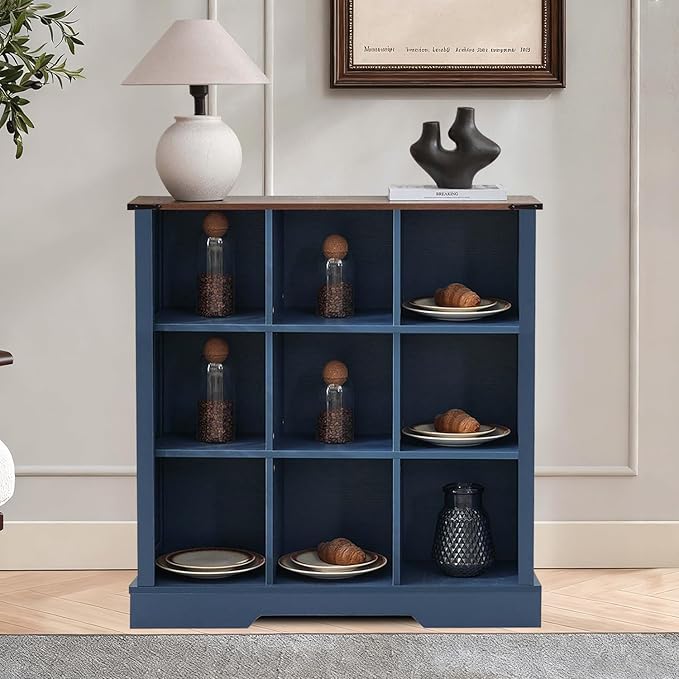 9 Cube Bookcase, Wooden Cube Storage Organizer Shelf, Blue Horizontal Book Shelf with LED Lights, Freestanding Display Cabinet for Living Room, Hallway TV Stand for Entryway