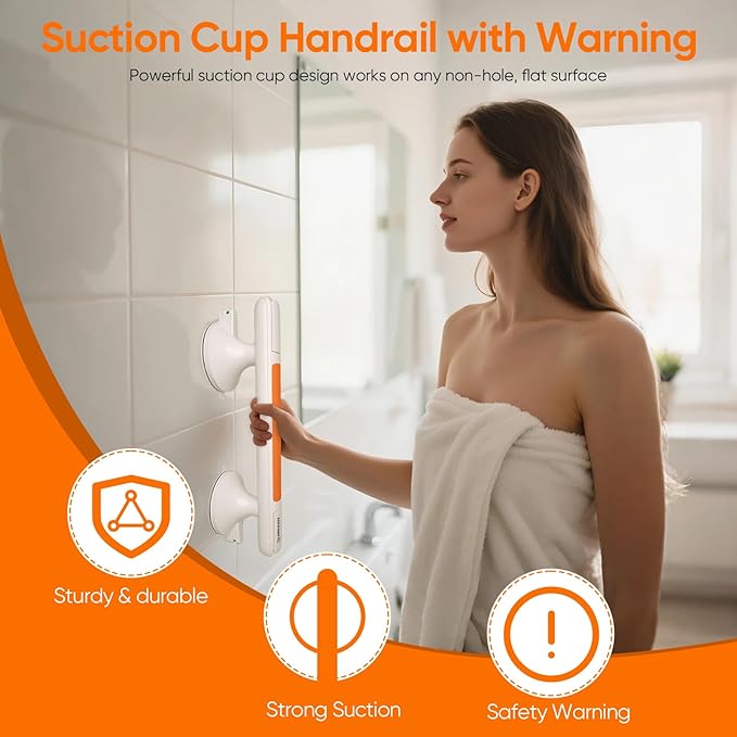 Showers Bathtubs Grab Bars, Slip Grip Handrails, Heavy Duty Anti Slip Grip, Removable Safety Rail, Cup Handle with Pressure Indicator, No Drill Installation, Safety Support (Orange)