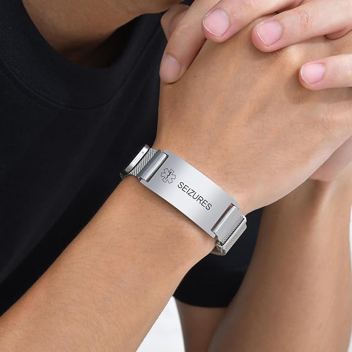 VNOX Medical Alert Id Bracelet for Men Women, Custom Engraving Adjustable Stainless Steel Customizable Mesh Emergency Survival Medic Bracelets Wristband Loop Band with Replacement Tag
