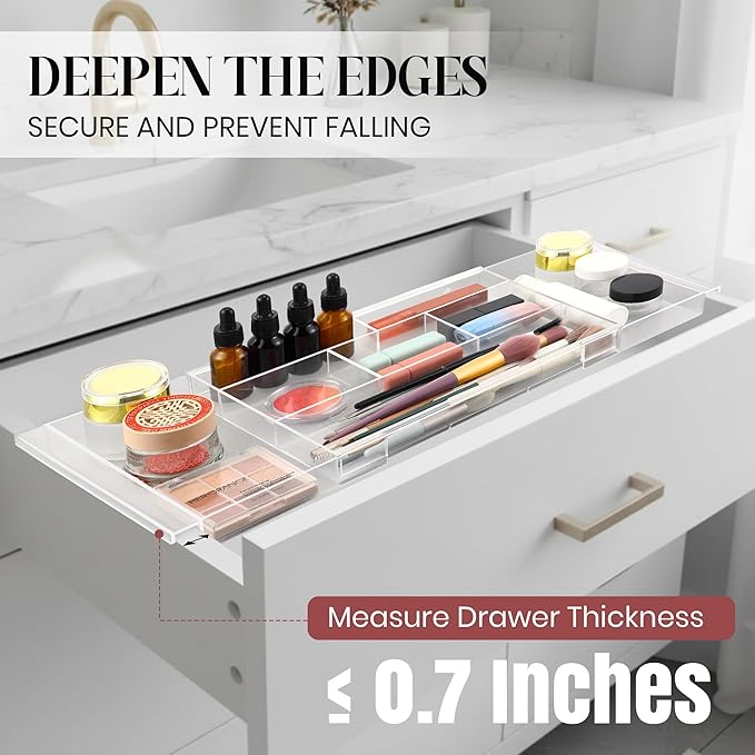 2Pack Shallow Expandable Drawer Organizer, Adjustable 12.5”–20” Clear Plastic Drawer Organizer Tray for Vanity Bathroom Desk Kitchen Drawers, Multi Compartment Storage