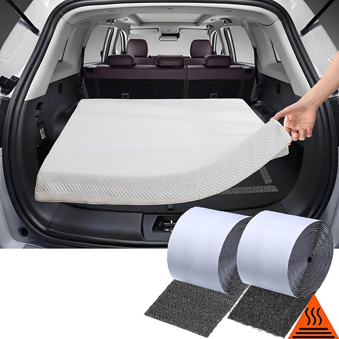 TEUVO 4.3" X 19.7FT Non Slip Car Camping Mattress Pad Tape for SUV Stop Car Bed Sleeping Pad from Sliding, High Thermostability Self Adhesive Hook and Loop Tape Car SUV Mattress Memory Foam Anti Slip