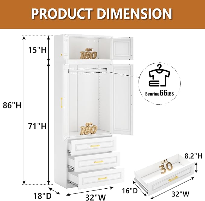 Metal Wardrobe Armoire with Three Drawers, 86“ Tall Wardrobe Closet with Hanging Rod, Freestanding Storage Closet with Doors and Shelves for Bedroom, White, Assemble Required