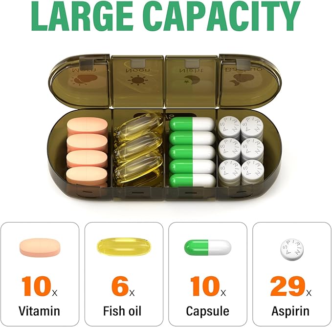 Weekly Pill Organizer 4 Times a Day, 7 Day Pill Box 4X, Portable for Travel Pill Case for Pills/Vitamin/Fish Oil/Medication/Supplements (4x7 Brown)