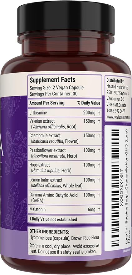 Nested Naturals Luna Sleep Aid - Non-Habit Forming Natural Sleeping Pills for Adults with Naturally Sourced Ingredients - Valerian Root, Melatonin, Chamomile, Lemon Balm, and More - 60 Vegan Capsules