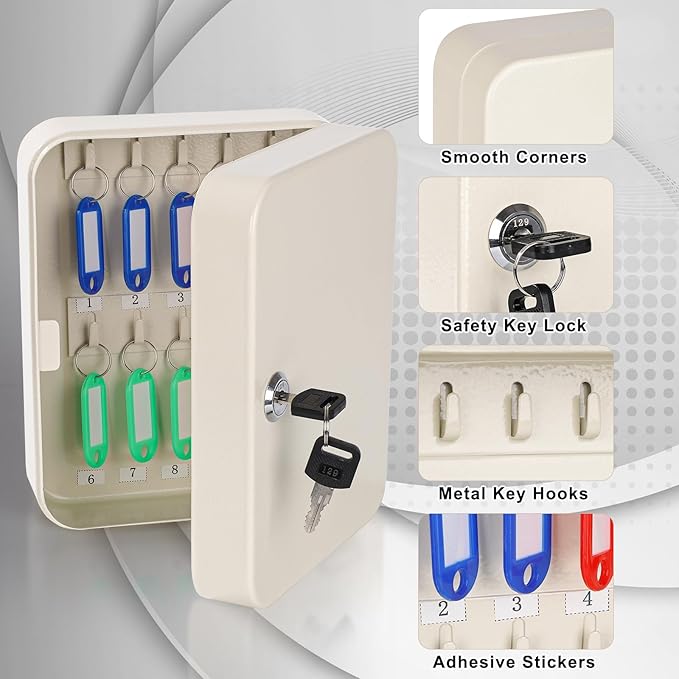 KYODOLED Key Cabinet Wall Mount, Locking Key Organizer, Key Storage Lock Box with Key, Key Management with 20 Key Hooks & Tags Key Labels, 7.87" x 6.29" x 3.14" (Beige, 20 Key)