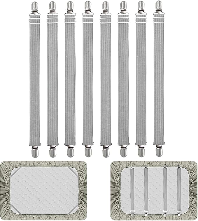 8Pcs Adjustable Bed Sheet Straps Clips, Elastic Mattress Sheet Fasteners Holder and Suspenders, Grippers to Hold Sheet, Mattress, Sofa, Couch, Table Cloth, Ironing Board Cover(Grey)
