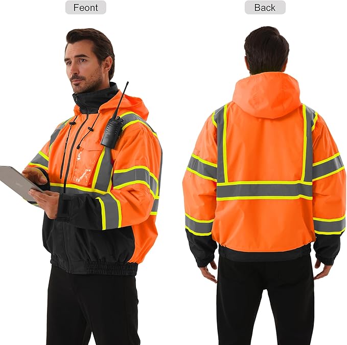 Hi Vis Safety jacket for men,Reflective high Visibility Hooded jacket,Work Bomber Jacket with Pockets and Zipper,Waterproof,ANSI Class 3 Black Bottom Tangerine,4XL