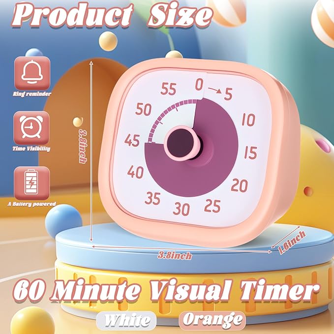 2 Pack Visual Timer 60 Minute Countdown Timer Colored Countdown Clock for Homeschool Supplies Study Tool, Classroom Home Office Time Management Tool (Classic,White,Orange)