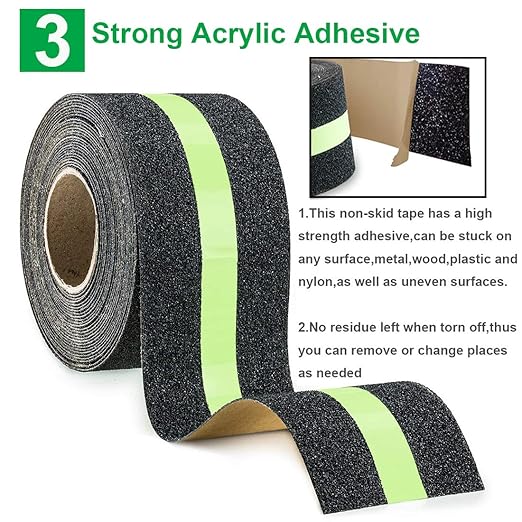 RELIANCER Anti Slip Safety Grip Tape 2inx30ft Green Glowing in The Dark Non Skid Stage Safety Tape High Traction Grit Stairs Tape Hazard Caution Warning Tape for Steps (2"×30', Green&Black)