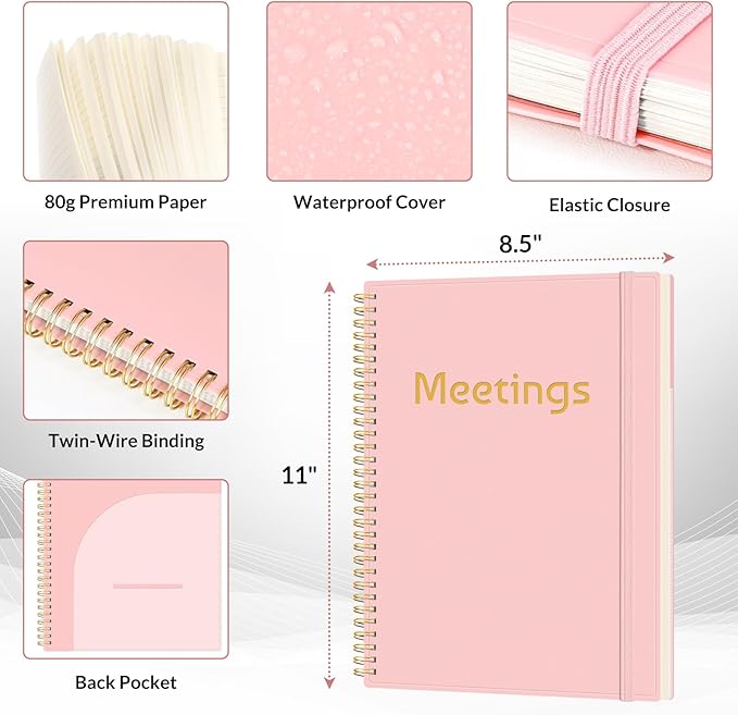 SUNEE Half Meeting Half Note 8.5"x11" Notebook for Work – 140 Pages, A4 Size Project Planner for Women&Men, Minutes Organizer for Meeting Notes, Ideas for Office/Business, PVC Waterproof Cover, Pink