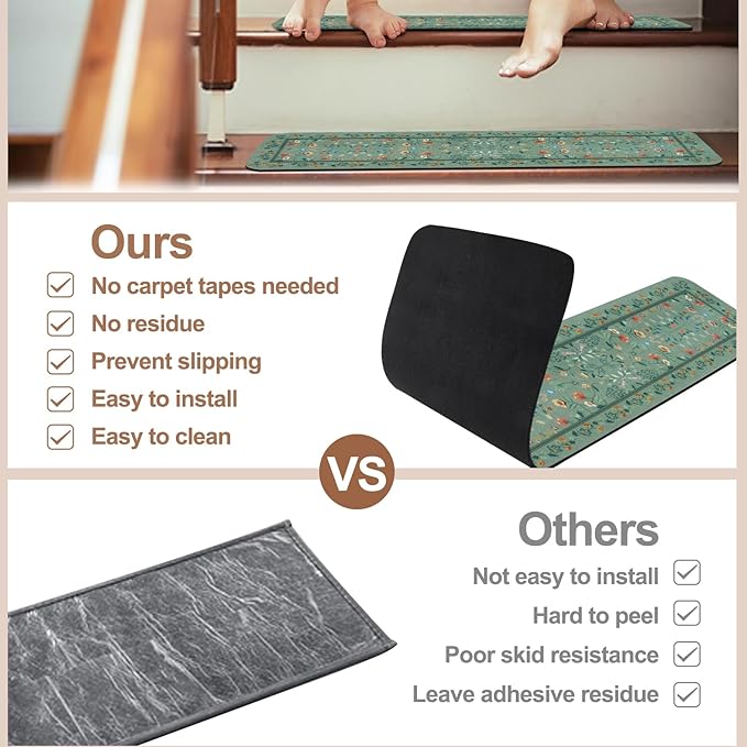OJIA Floral Stair Treads Non-Slip Stair Runner for Wooden Steps Indoor 15PCS 30"x8" Carpet Stair Treads Stair Mats Staircase Step Treads for Kids, Elders and Dogs, Stair Covers, Green