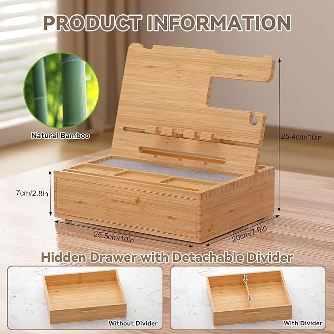 Pezin & Hulin Wooden Charging Station, Bedside Nightstand Tray, with Spacious Drawer, Felt Pads for Phones, Watch, Idea Gifts for Him Birthday, Son, Christmas for Papa Fathers Day (Nature)
