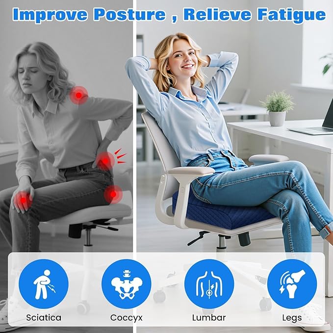 Seat Cushion, Memory Foam Chair Pad, Non-Slip Cushion for Office, Home, Car, Large Desk Chair Cushion, Washable Cover & Handle, X-Large, Blue