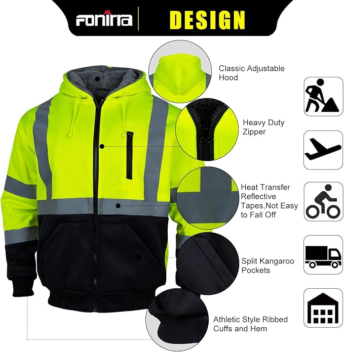 FONIRRA Men's High Visibility Safety ANSI Class 3 Lined Fleece Hoodie Sweatshirt with Black Bottom Jumper Workwear for Men(Yellow,M)