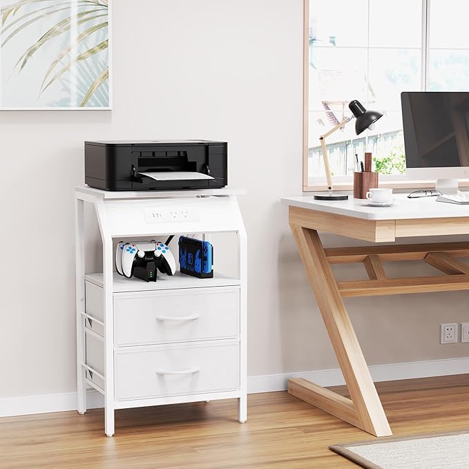 LED End Table, Nightstand with 2 Drawers and Charging Station Type C Port, Storage Fabric Dresser for Bedside, Small Side Table for Living Room Dorm, White